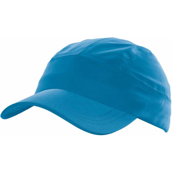 A blue waterproof cap with a sleek design and a curved brim, featuring a branding logo.