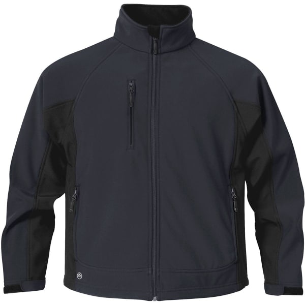A soft shell jacket in black and dark grey, featuring a full zip and two side pockets, with a small logo.