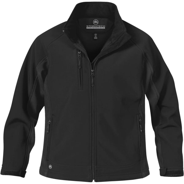 A black women's soft shell jacket with a zip front and multiple pockets, featuring a logo on the inside collar.