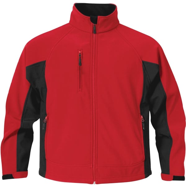 A red and black soft shell jacket with a zippered chest pocket and side pockets, featuring a logo.