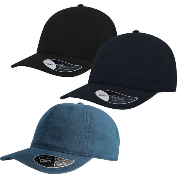 Three caps in various colours: two are solid black and navy, while one is denim blue. Each has a logo.