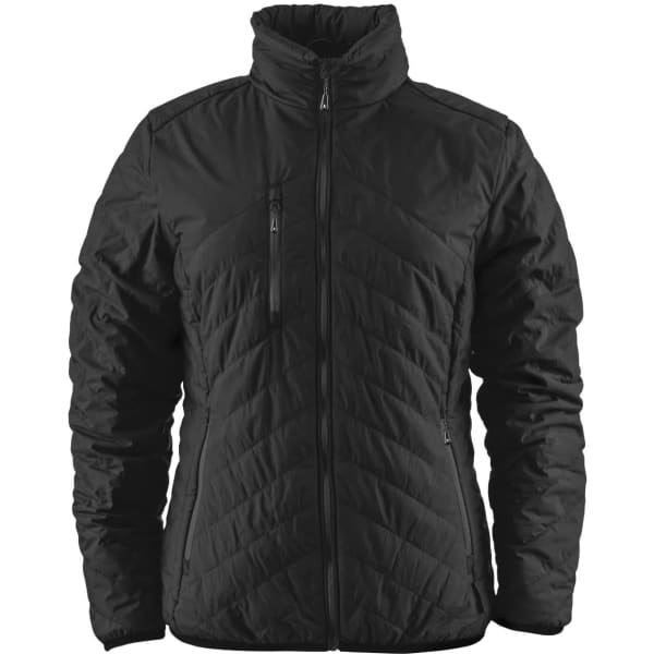 A black puffer jacket with a zip front, zippered pockets, and a stand-up collar. It features a subtle logo.