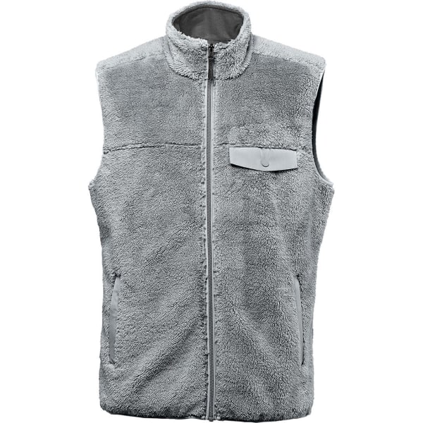 A grey sherpa fleece vest with a zip front, high collar, and a pocket, featuring a small logo.