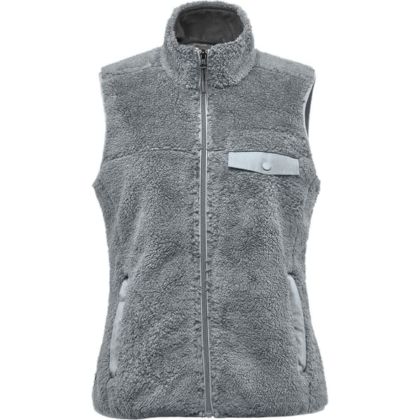A grey women's sherpa fleece vest with a zip front, high collar, and two side pockets. Features a small pocket on the chest.