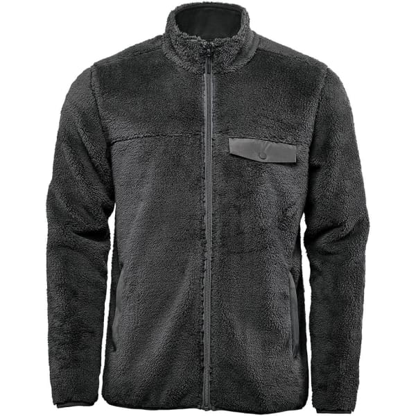 A dark grey mens Sherpa fleece jacket featuring a zip front and a single chest pocket with branding.