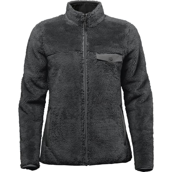 A women's Bergen Sherpa fleece jacket in dark grey, featuring a front pocket and a logo.