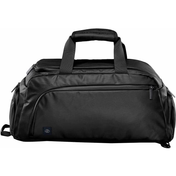 A black duffle bag with dual handles and a zippered pocket, featuring a logo on the side.