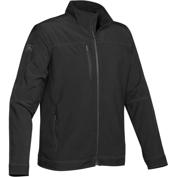 A black soft shell jacket with a zippered front and side pockets, featuring a logo on the sleeve.