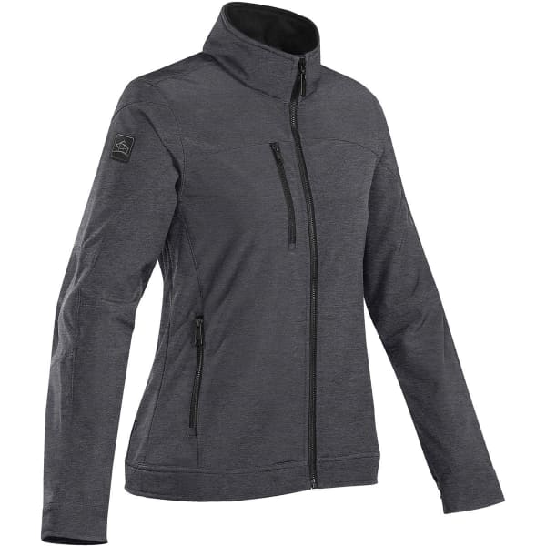 A women's soft tech jacket in grey with a fitted design and multiple zippered pockets, featuring a logo on the sleeve.