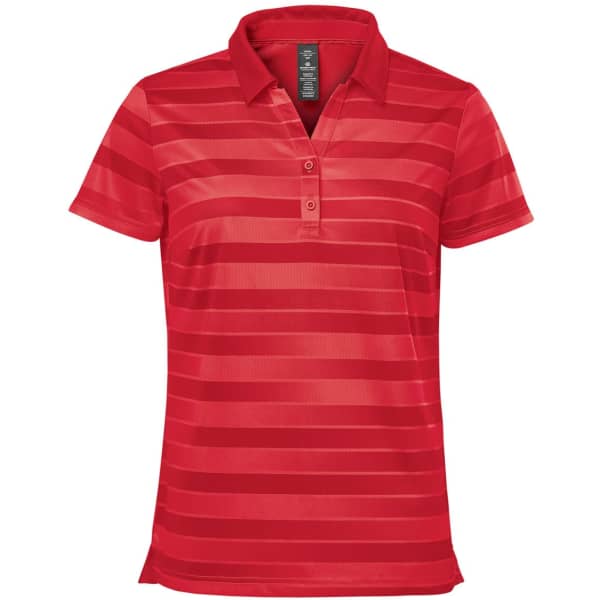 A red women's polo shirt with short sleeves and a striped pattern, featuring a collar and buttons.