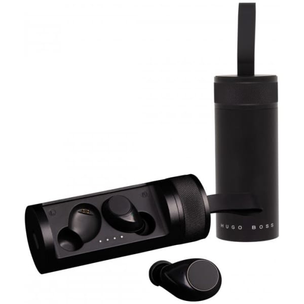 Black Hugo Boss earphones and charging case, featuring a sleek cylindrical design and a logo on the case.