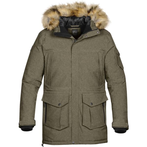 Men's Expedition Parka in olive green with a fur-lined hood, featuring multiple pockets and a logo on the chest.