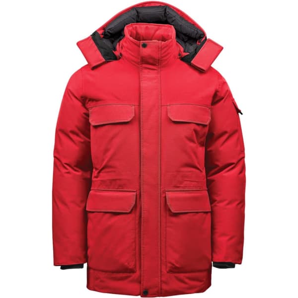 A red Men's Denali Parka featuring a hood, multiple pockets, and a sleek design. It has a branding logo.