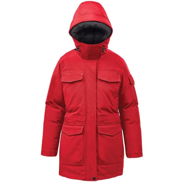 A red women's parka jacket with a hood, featuring multiple front pockets and a zipped closure.