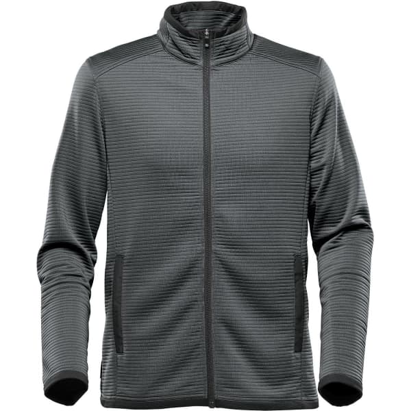 A grey Mens Andorra Jacket with a textured design, featuring a front zip and side pockets. It has a logo on it.
