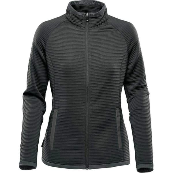 A women's jacket in dark grey with a zip front, featuring a textured fabric and side pockets. It has a logo.