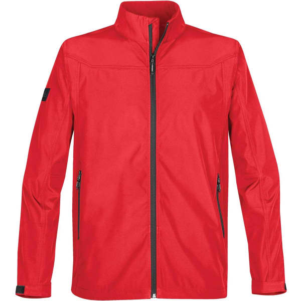 A red softshell jacket featuring a zip front and two side pockets, with a logo on the sleeve.