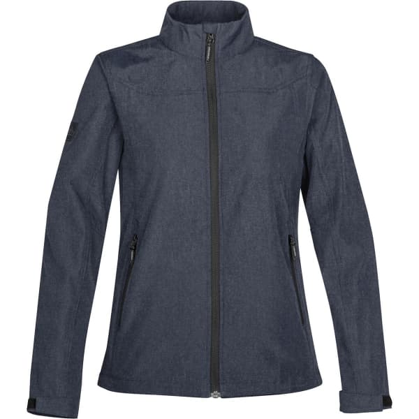 A women's softshell jacket in a dark blue-grey colour, featuring a zip front and side pockets. It has a logo on one sleeve.