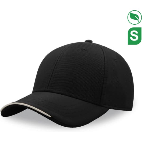 A black cap made from recycled polyester with a contrasting trim, featuring a logo on the front.