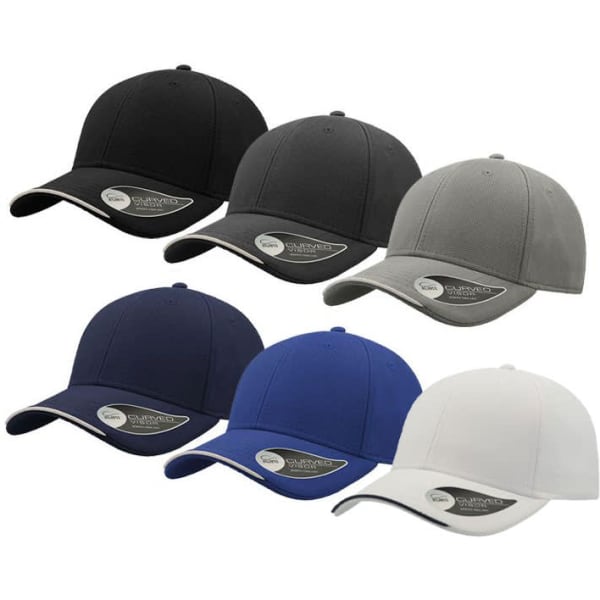 A display of six caps in various colours: black, grey, navy, blue, and white, featuring a logo.