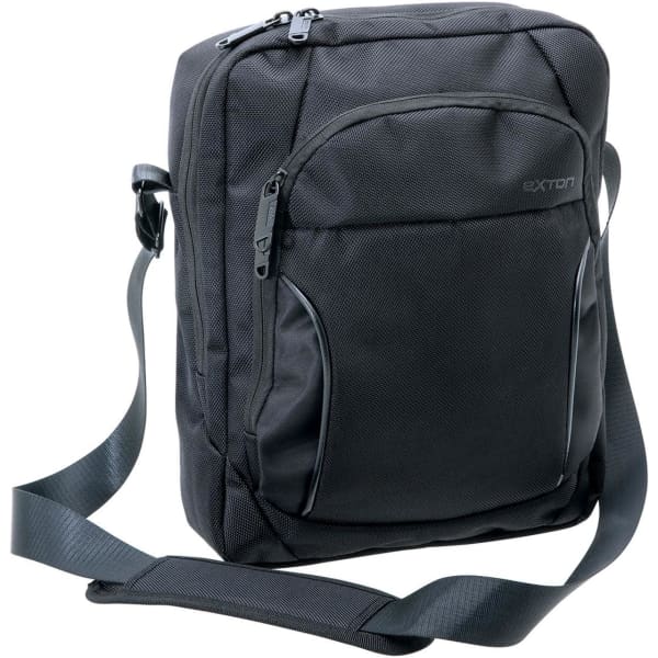 A black Exton vertical satchel with a shoulder strap and multiple zippered pockets. It features a logo.