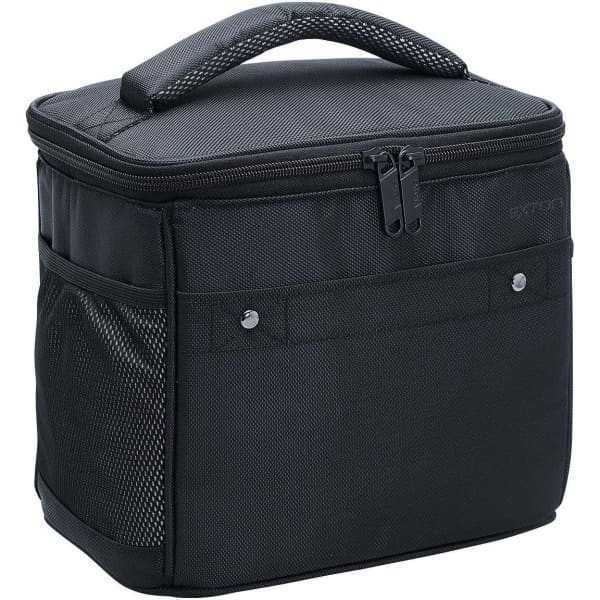 A black Exton cooler bag with a zip closure and handle, featuring a front mesh pocket and branding.