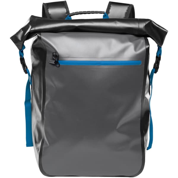 A grey and blue waterproof backpack featuring a roll-top design and adjustable straps. It has a front zip pocket and a logo.