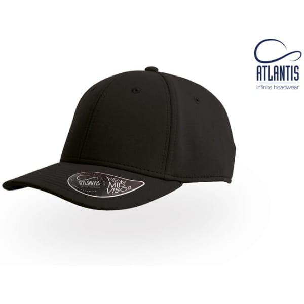 A black cap featuring a rounded crown and a curved visor, with a logo on the side.