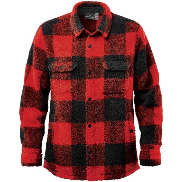 A unisex polar fleece jacket in a red and black checkered pattern, featuring two front pockets and a button-up design.