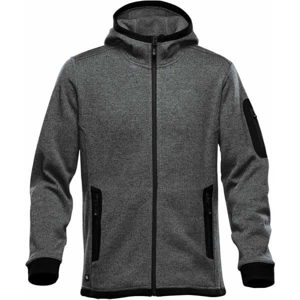 A grey Men's Juneau Hoody featuring a zip front, pockets, and a black-lined hood. It has a logo on the sleeve.