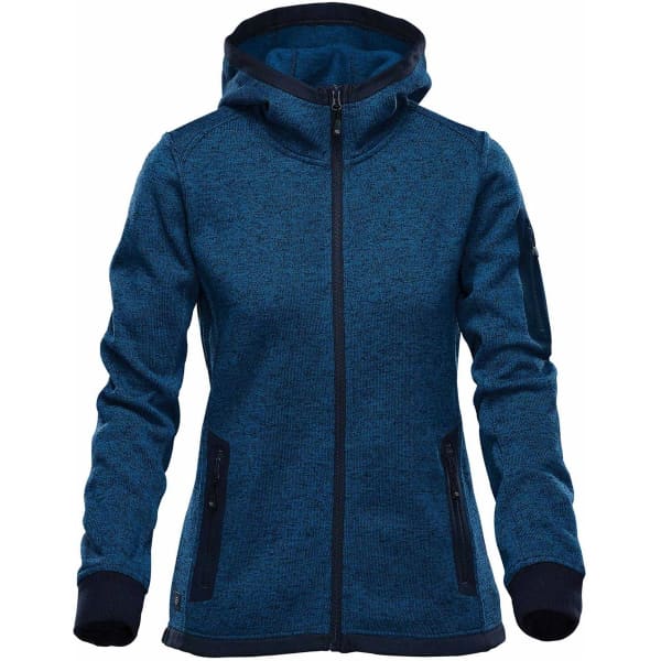 A women's hoodie in dark blue with a full zipper and a hood, featuring pockets and a logo.