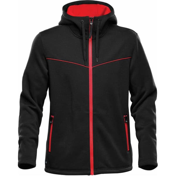 A black hoodie with red accents and zippers, featuring a front zip closure and side pockets.