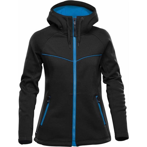 A women's black hoody with blue accents, featuring a zippered front and two side pockets. It has a hood and a logo.