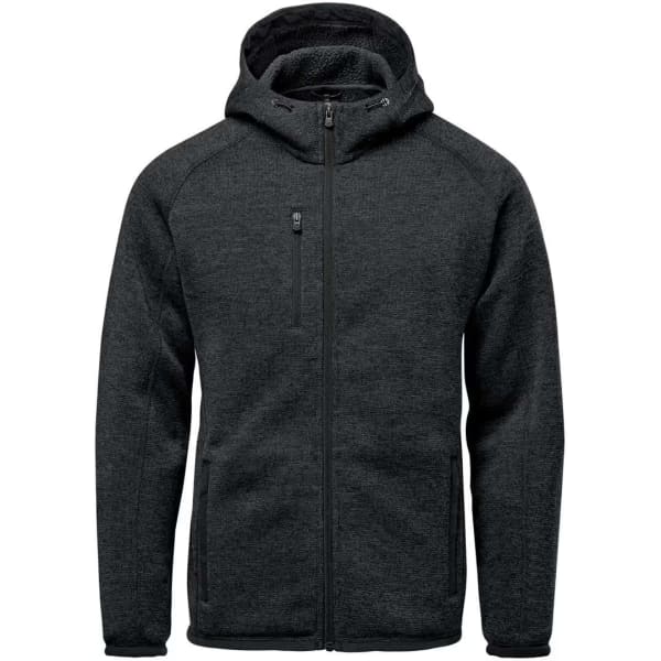 Men's Avalante Hoodie in dark grey, featuring a zip front, hood, and a branded logo.