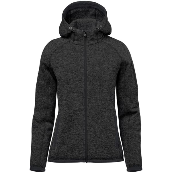 A dark grey women's hoodie with a zip front and a hood, featuring a branded logo.