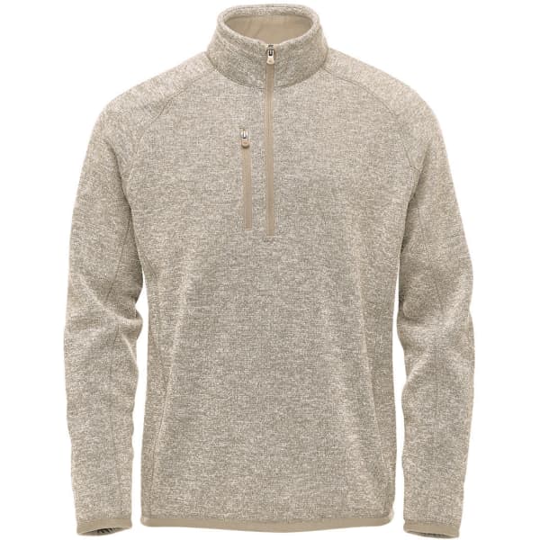 A light grey men's pullover jumper with a quarter zip and a logo on the front.