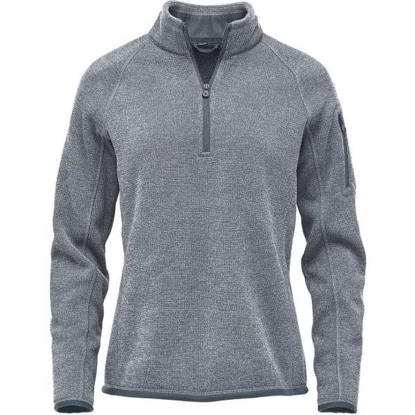 A grey women's pullover jacket featuring a quarter zip and long sleeves, with an additional zippered pocket.