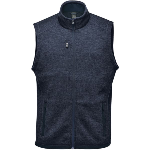 A dark grey men's vest with a high collar, featuring a zippered front pocket and side pockets.
