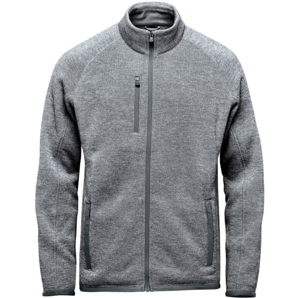A grey polar fleece jacket featuring a zippered front and side pockets, with a logo on the chest.