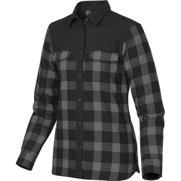 A women's button-up thermal shirt in black and grey plaid with long sleeves and two chest pockets. Features a logo.