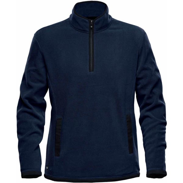 A navy blue polar fleece jumper with a half-zip collar and black accents, featuring a logo on the side.