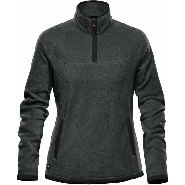 A women's dark green fleece jumper with a zip collar and black trim, featuring side pockets and a logo.