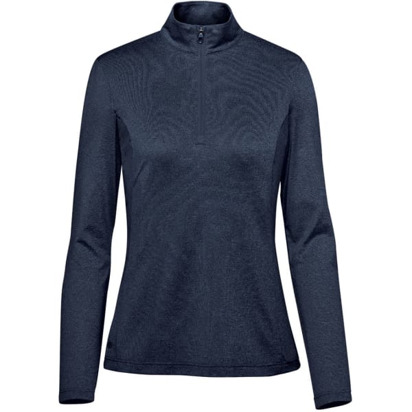 A women's navy 1/4 zip jacket featuring long sleeves and a high collar, with a subtle logo present.