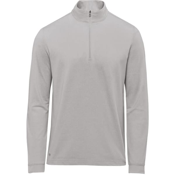 A light grey men's pullover with a 1/4 zip and long sleeves, featuring a logo on the side.