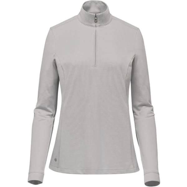 A light grey women's pullover with a 1/4 zip and long sleeves, featuring a logo.