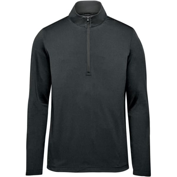 A black men's pullover with a half-zip collar, featuring long sleeves and a smooth texture. It has a logo.