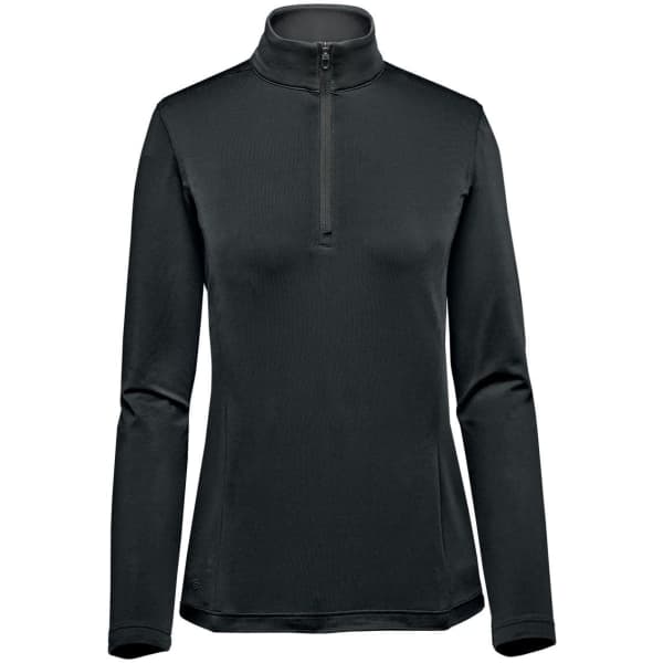 A black women's pullover with a quarter zip and long sleeves, featuring a logo on the chest.