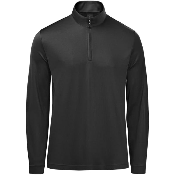 A black men's pullover with a quarter zip and long sleeves, featuring a logo on the chest.