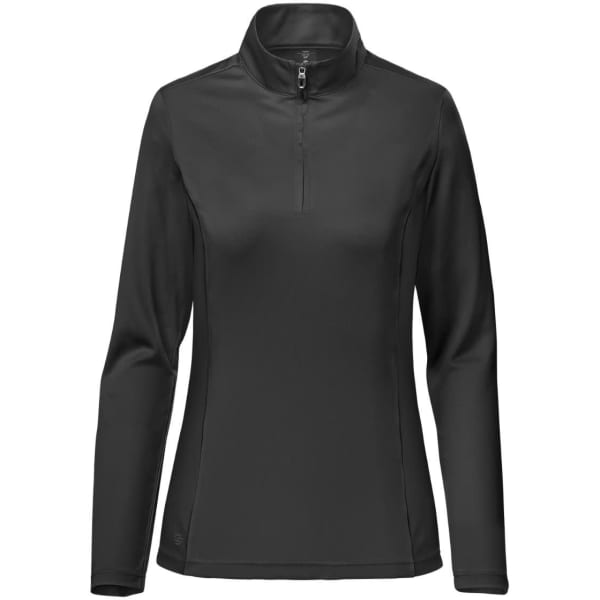 A women's black pullover with a 1/4 zip and long sleeves, featuring a subtle logo.