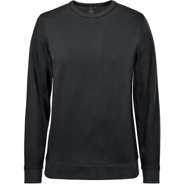 A black fleece crew neck sweatshirt with long sleeves and a simple design, featuring a logo.